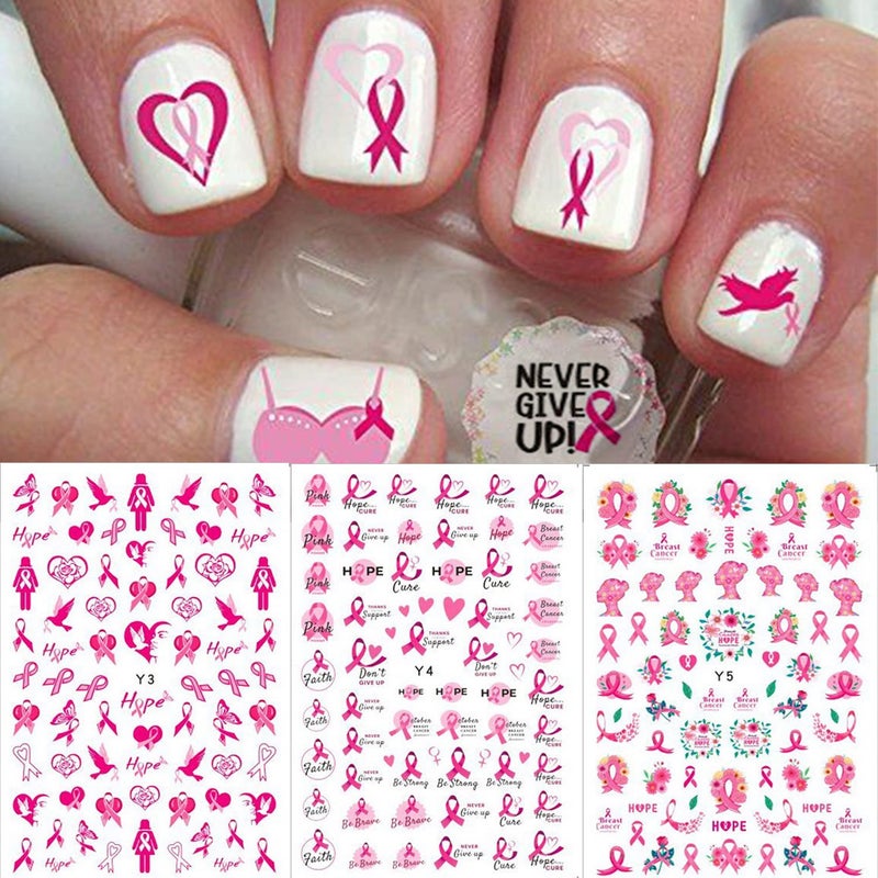 KRTBKR 6 Sheets Breast Cancer Nail Art Stickers 3D Heart Pink Ribbon Breast Cancer Awareness Nail Decals Self-Adhesive Design Nail Art Supplies Stitch Nail Stickers for Women DIY Acrylic Manicure Tips Nail - Image 3